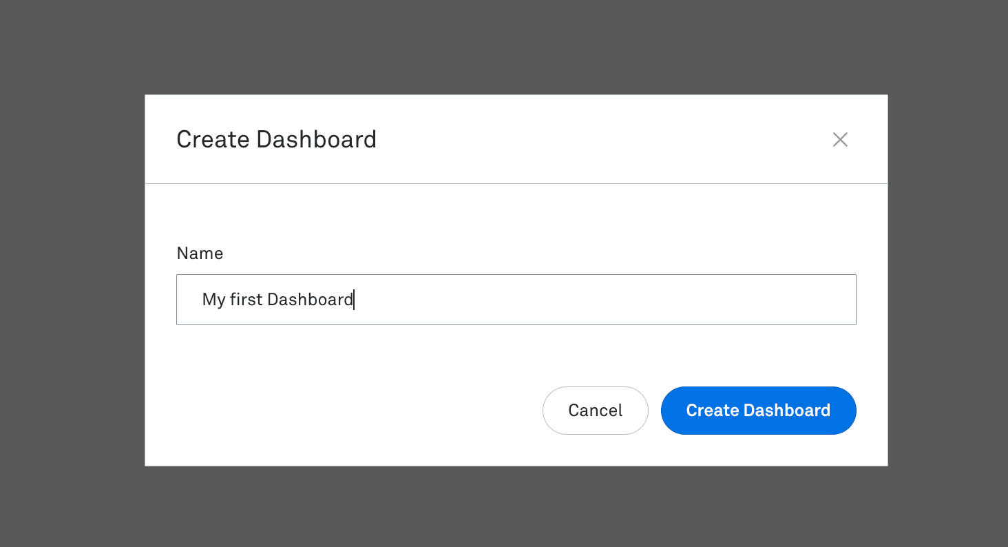 Popup modal titled “Create Dashboard” in Mux, with a text input field filled in as “My first Dashboard” and two buttons at the bottom: “Cancel” and “Create Dashboard.”