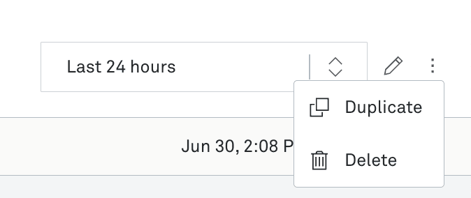 Dropdown menu under the time range selector “Last 24 hours” with options to “Duplicate” or “Delete” the dashboard.