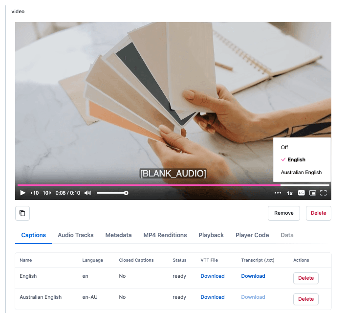 Captions or subtitles are working on video.