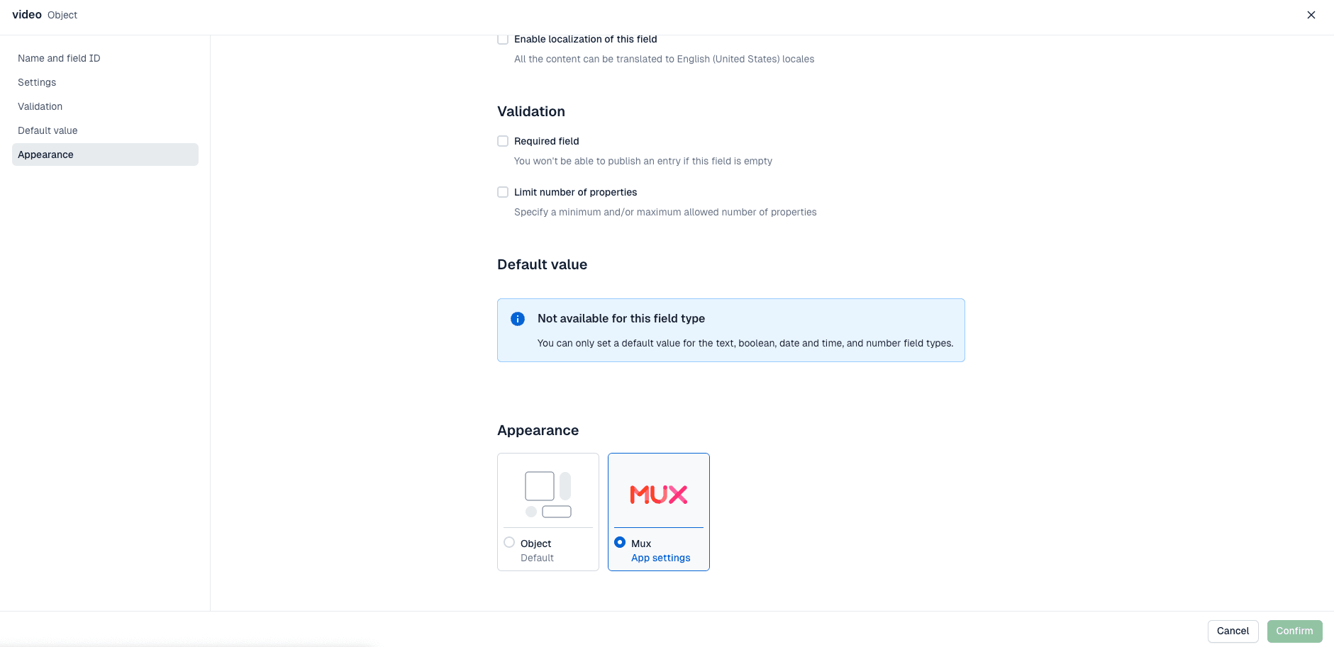 Edit field appearance to add Mux.