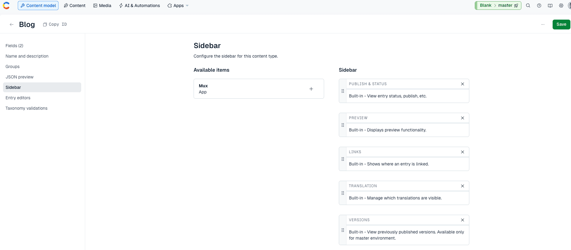 Add Mux sidebar to a Content model.