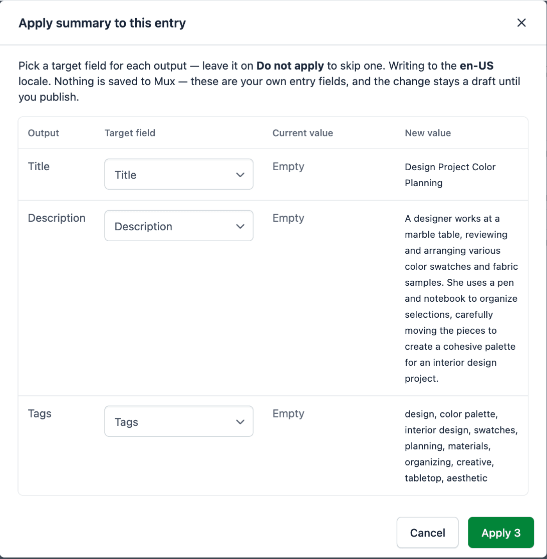 Apply summary preview mapping the generated title, description, and tags to entry fields