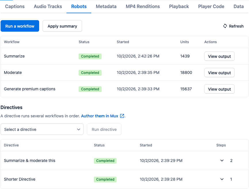 Robots tab in the Mux field with workflow jobs and directive runs