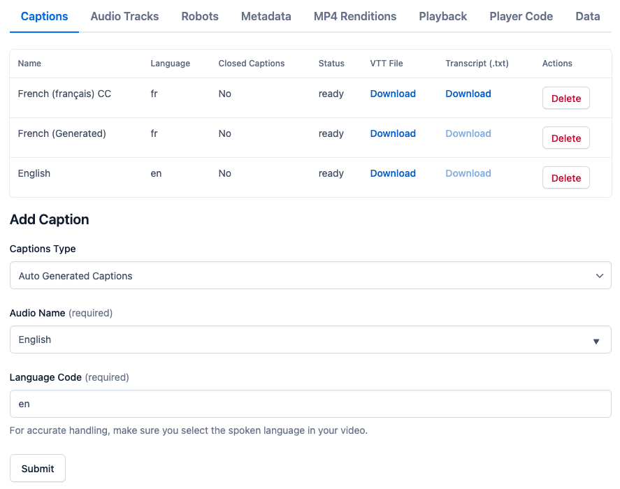 Auto-generated captions configuration