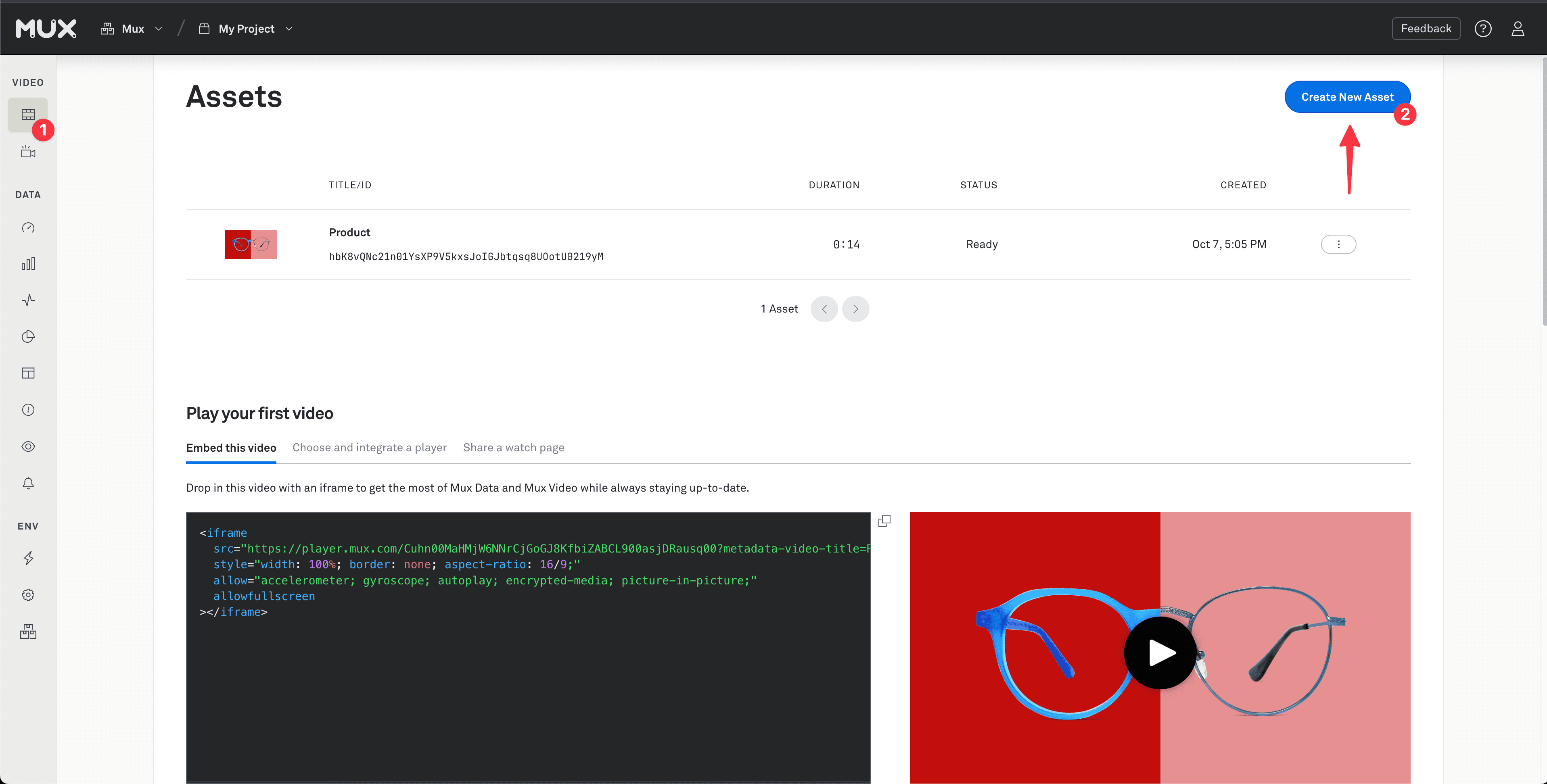 In the upper-right corner of the Mux Dashboard is a button labeled "Create New Asset"