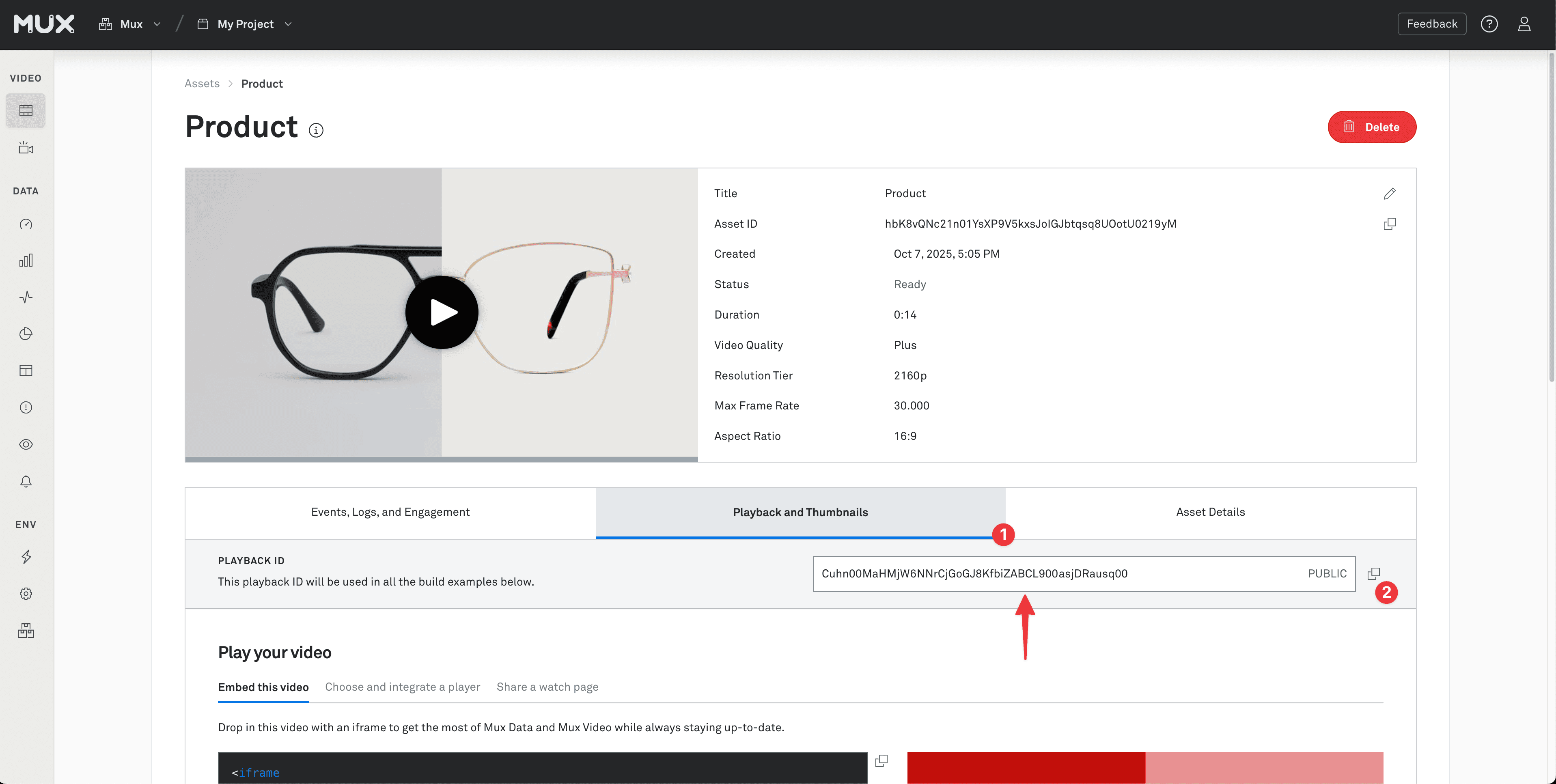 In the playback and thumbnails tab of an asset you can find the playback ID, as well as more information on how to play the video.