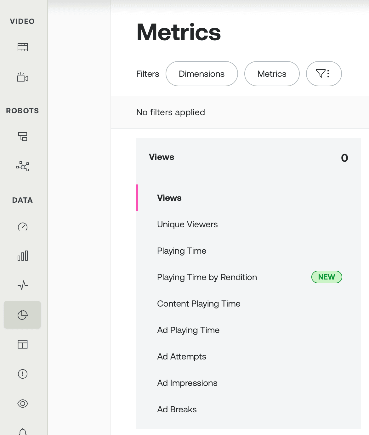 Metrics navigation menu in the Mux dashboard, with Playing Time by Rendition listed under the Views metric group and marked with a NEW badge.