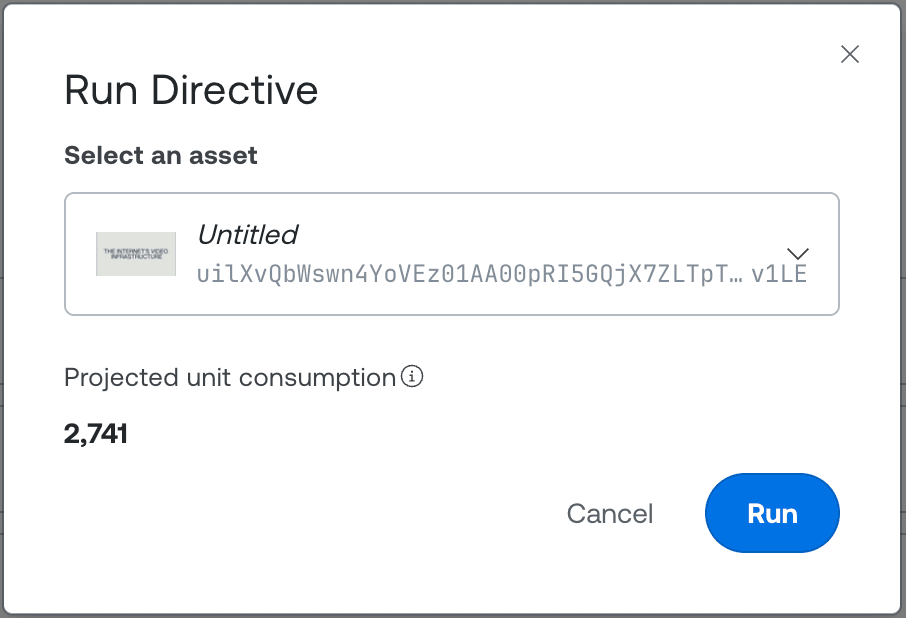 The Directive detail page with the “Run on asset” dialog open and an asset selected.
