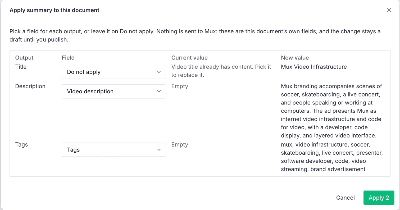 Apply summary preview mapping outputs to document fields