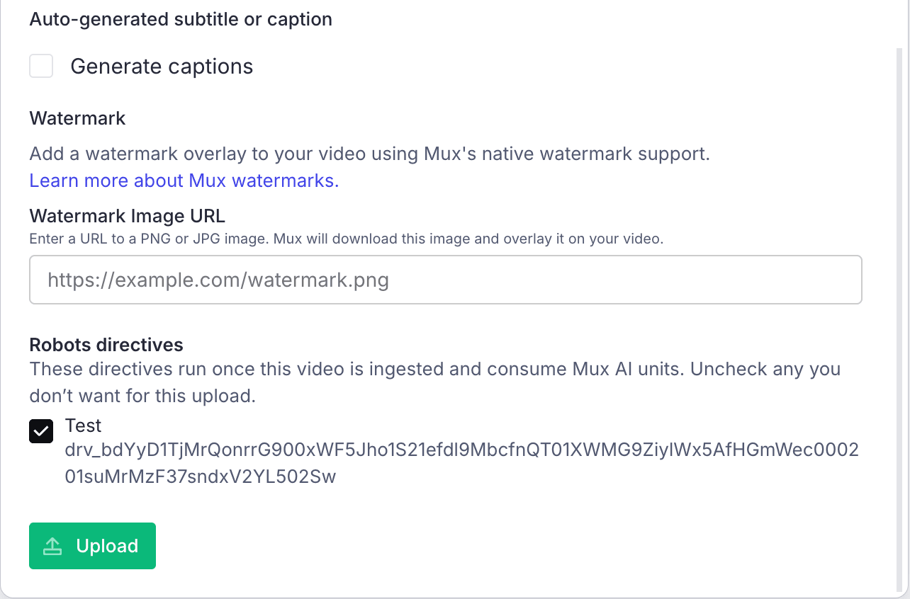 Upload dialog listing the default directives