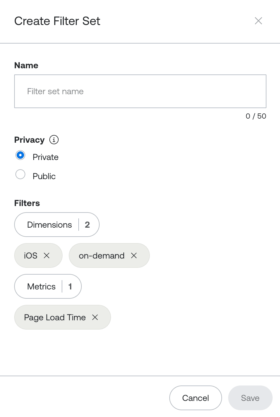A Mux Metrics dashboard with filters applied. The top bar includes options for Filters, Dimensions, and Metrics, with a dropdown showing “Clear all.” A date range selector is set to “Last 24 hours.” The graph area shows zero total video views and no data available. The “Create new filter set” option is visible in the open filter menu.