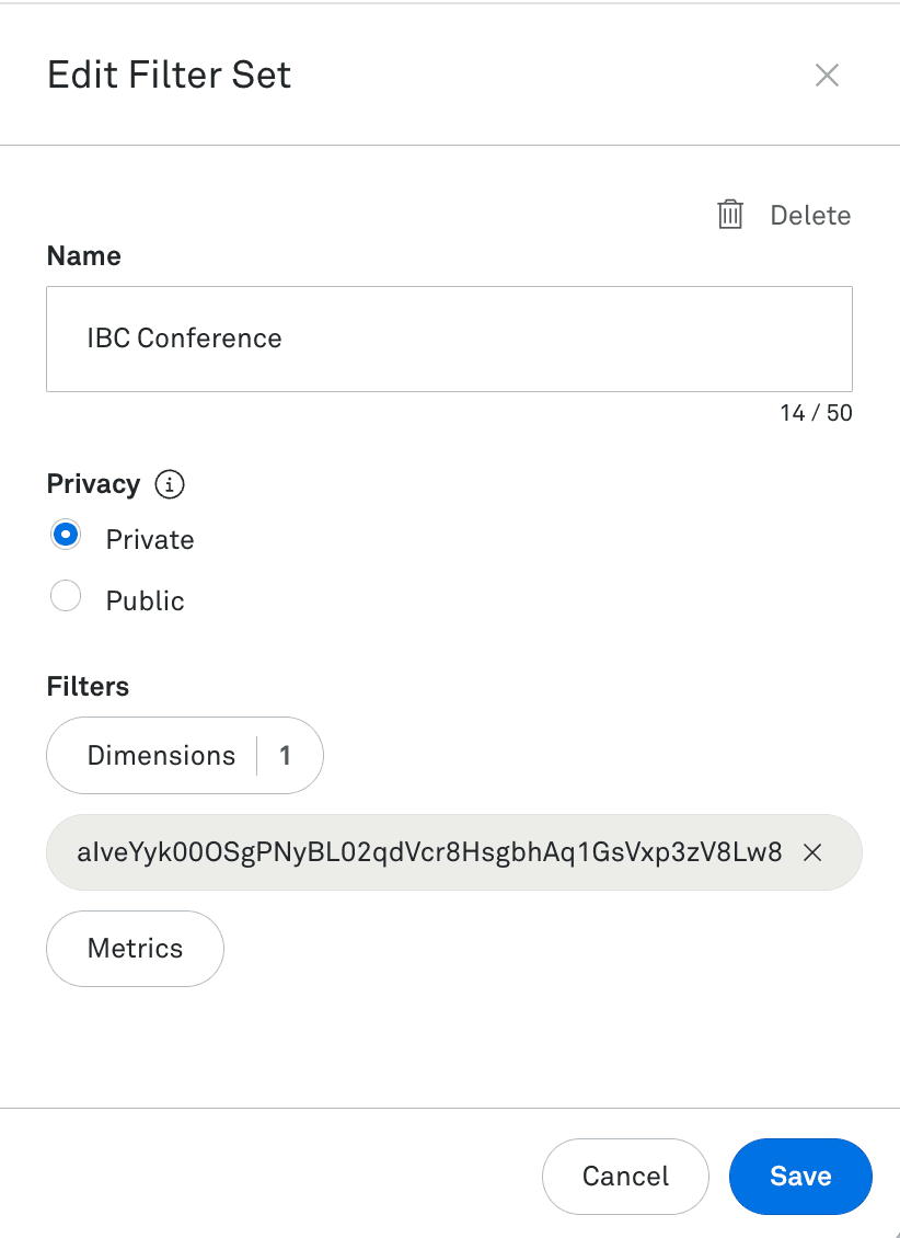 A Mux modal titled “Edit Filter Set.” The name field shows “IBC Conference.” Privacy is set to Private. One dimension filter is applied — a long video ID string. The bottom of the modal includes Cancel and Save buttons.