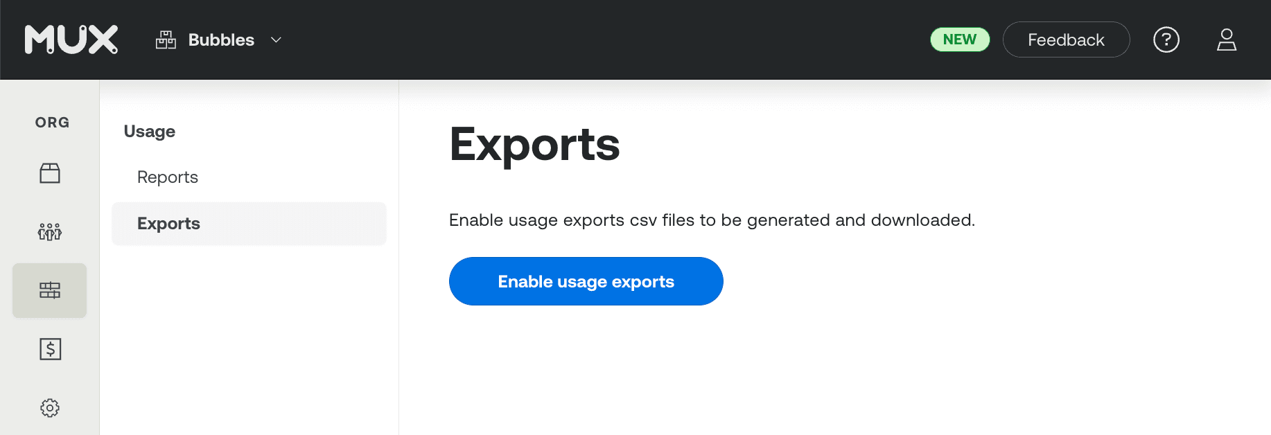 The Exports page in Mux dashboard showing the Enable usage exports button