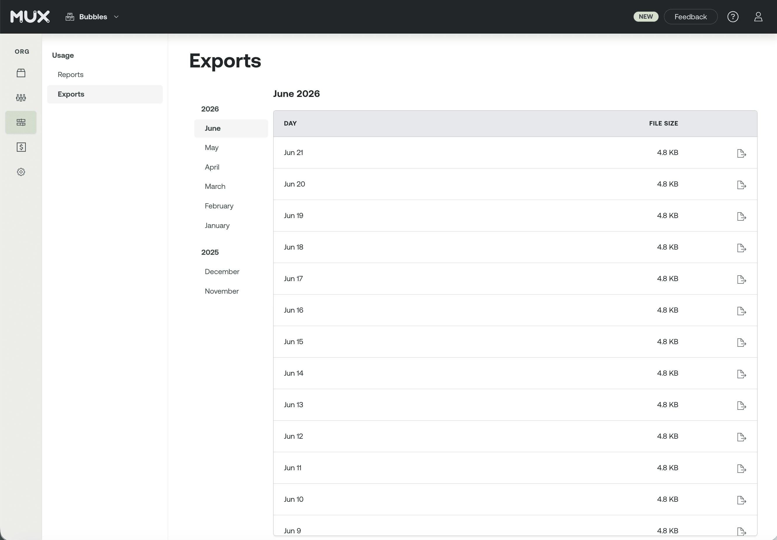 The Exports page showing a list of available daily CSV exports organized by month