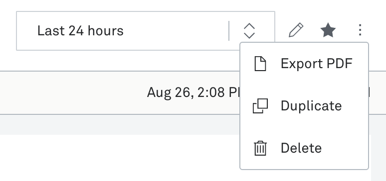 Dropdown menu under the time range selector “Last 24 hours” with options to “Duplicate” or “Delete” the dashboard.