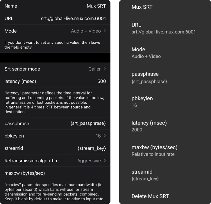 SRT configuration for Larix Broadcaster on iOS and Android